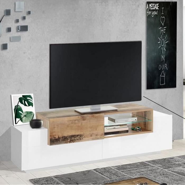 Meuble TV design CORO 160 cm finition blanc laqué brillant érable vintage blanc MDF Inside75
