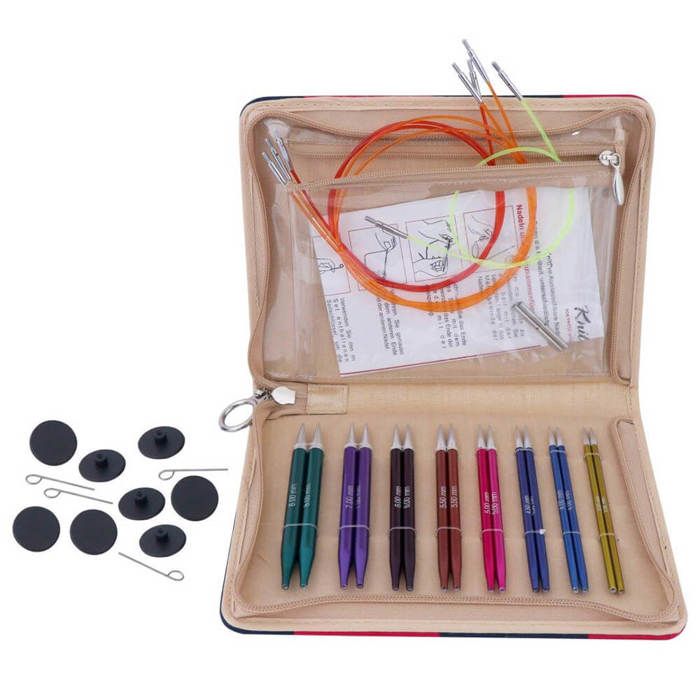 Kit aiguilles circulaires interchangeables Knit Pro - 27 pcs Ce set d'aiguilles circulaires interchangeables en Aliminium Knit Pro