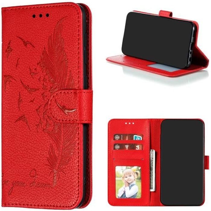 Etui Samsung Galaxy A10 Portefeuille Cuir Multifonction Housse Fermeture Magnétique à Clapet Anti-Choc (Rouge)