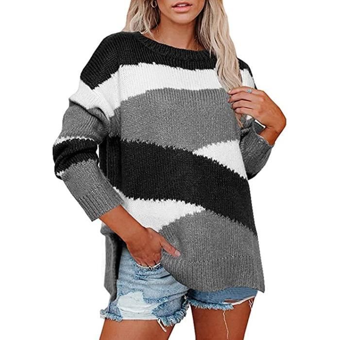 Pull Femme Manches Longues Pullover Couleur de Contraste Chandail Col Rond Casual Tricot Rayures Sweater