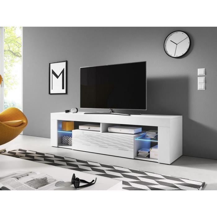Meuble TV design MONTBLANC 160 cm, 1 porte et 2 niches, coloris blanc brillant + LED. L 160 X P 35 X H 55 cm Blanc
