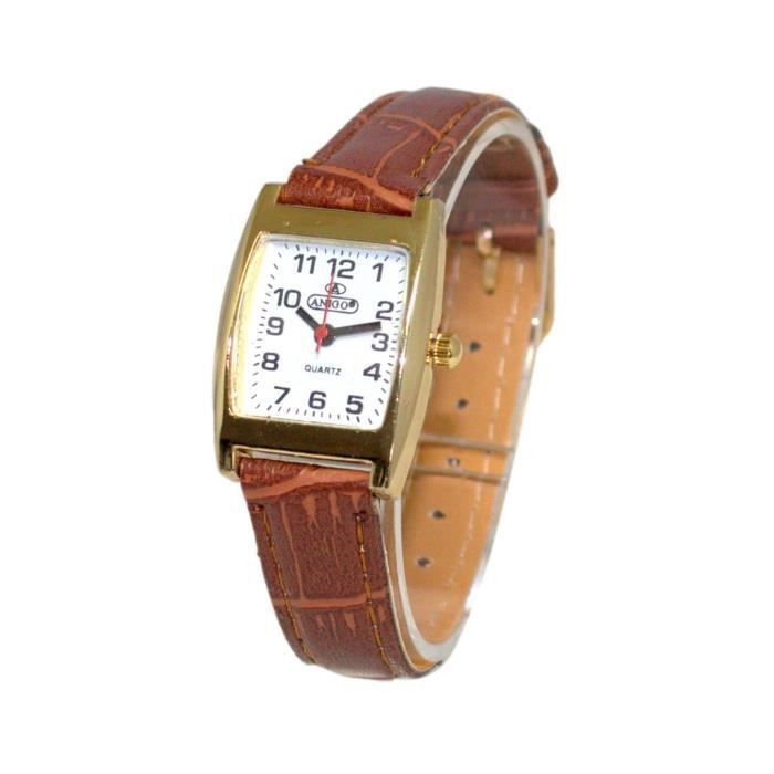 montre femme classique cuir marron cadran doré chiffres clairs