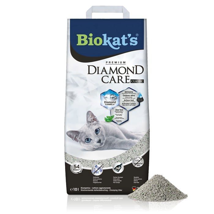 Meilleurs prix pour Biokat's Diamond Care Classic sans parfum - Litiere fine pour chats au charbon actif et a l'Aloe vera - 1 sac (1 a 10 l)