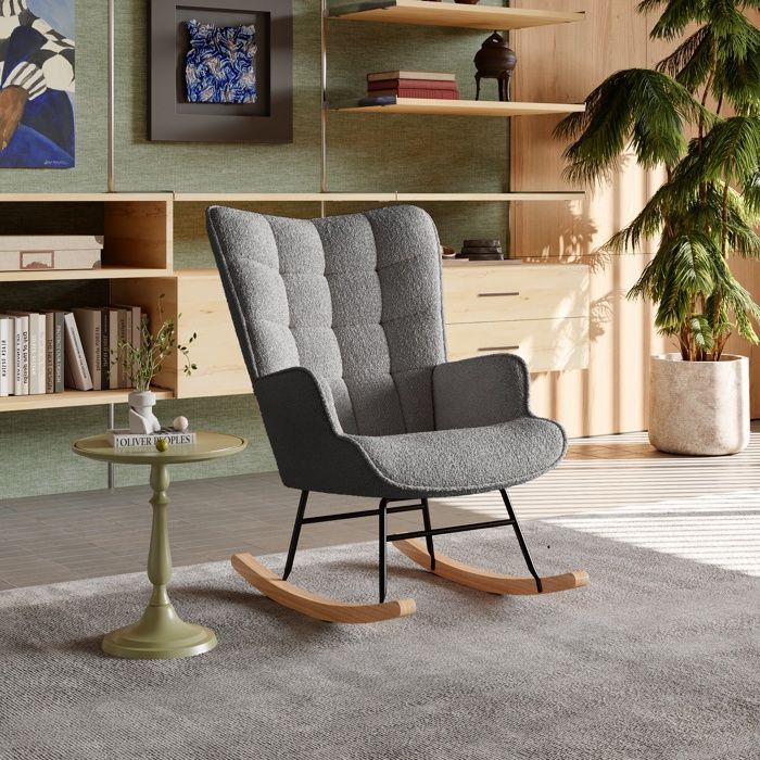 Fauteuil à Bascule Rocking chair en teddy fleece Pieds en Métal et en Bois Massif 68X75X92 cm gris foncé