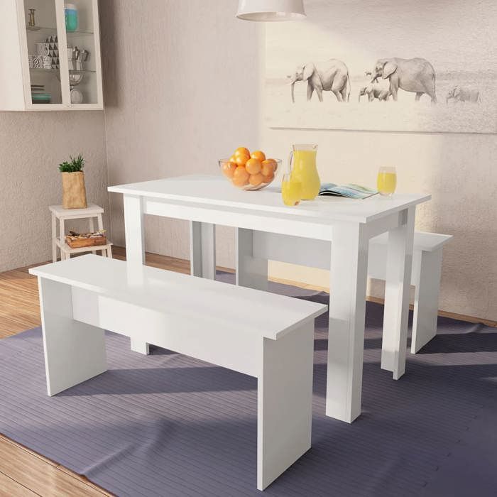 Nouveau Table de salle à manger et bancs 3 pièces - Ensemble de 1 table et 2 chaises - Bois dingénierie Blanc DECO FT6410826