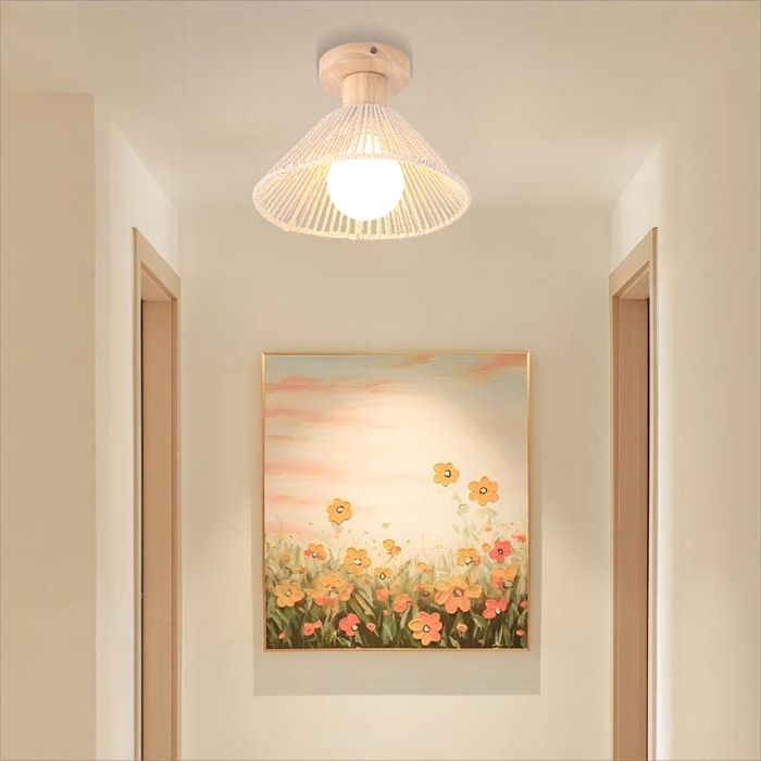 SNOGOLD Plafonnier Vintage E27 Luminaire Ø22cm Abat-jour en Corde de Papier Beige Rétro Lustre Lampe de Plafond pour Couloir Salon