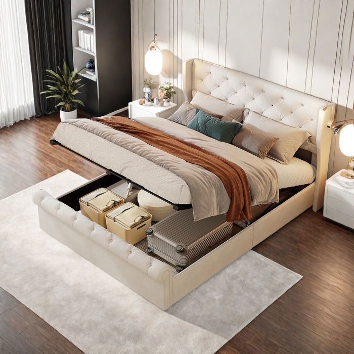 Lit coffre double 160x200 cm avec tête de lit avec USB et LED lampe Lit adulte avec sommier à lattes Coffre de rangement Beige