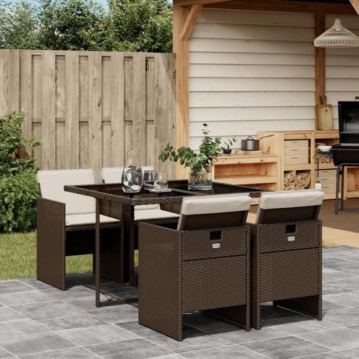 Salon de Jardin-Ensemble à manger de jardin 5 pcs et coussins marron poly rotin - Table + 4 Chaises de jardin(282318)DLEB
