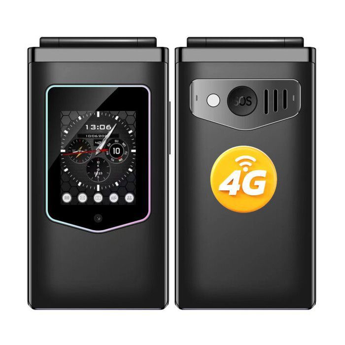 HAMTOD T8 Téléphone Portable Clapet 4G pour Senior Grandes Touches Bouton SOS 1500mAh Double écran 2.8 + 1.77 Dual SIM Noir