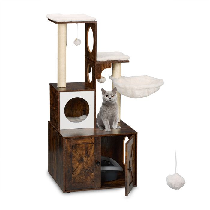 Comparer les prix de Relaxdays Arbre à chat avec placard à litière HBT 128x95x52 cm sisal & niche style industriel brun-blanc