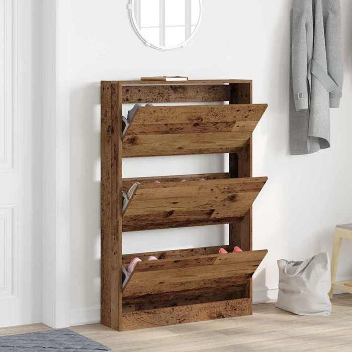 (ON SALE)Armoire à chaussures - Capacité 16 Paires avec porte - Bois ancien - 80x21x125.5 cmpour Couloir/Vestiaire EU937528