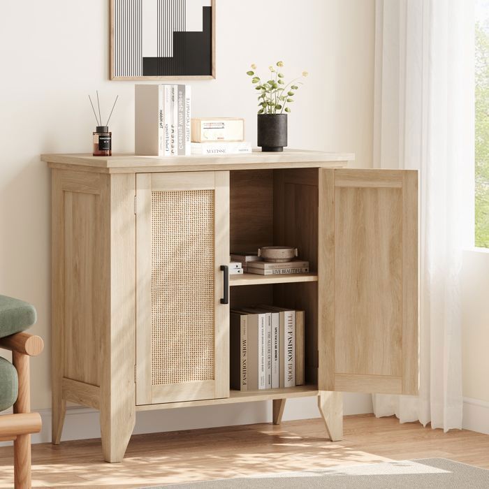 Buffet Cuisine Rotin - PROMIRACAL - Meuble Cannage Bohème - 2 Portes - Étagère Réglable - Beige