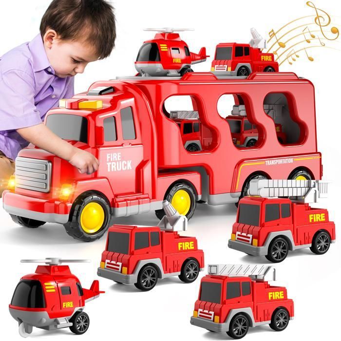 Camion Jouet Pompier -LANGTU- 5 en 1 Camions et Voiture de Pompiers pour Enfants 1 - 6 ans Cadeau Anniversaire Enfant 1 2 Pompier