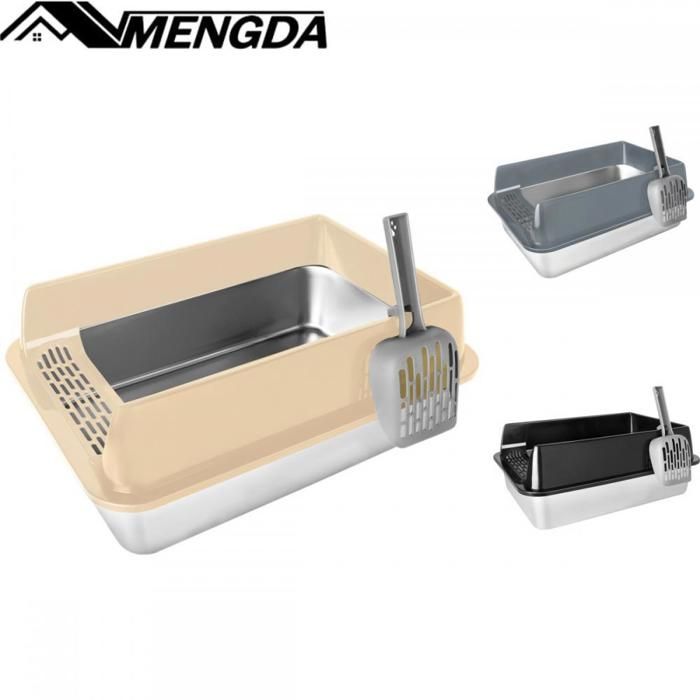 Meilleurs prix pour Bac à litière XXL en acier inoxydable pour chat-MENGDA-Conception à ouverture par le haut-Facile à nettoyer-Pelle incluse-Kaki
