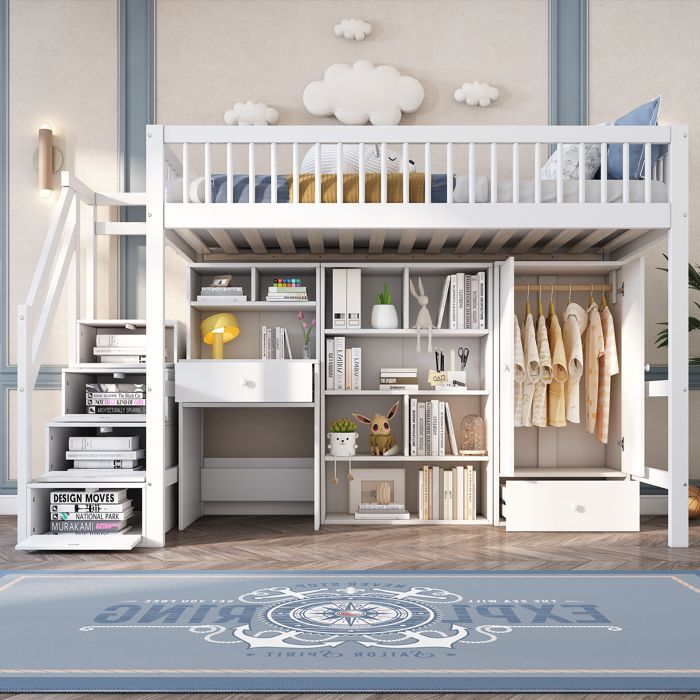 Lit superposé 90 x 200 cm avec bureau Lit denfant avec escalier de rangement casiers et armoire lit simple avec sommier à