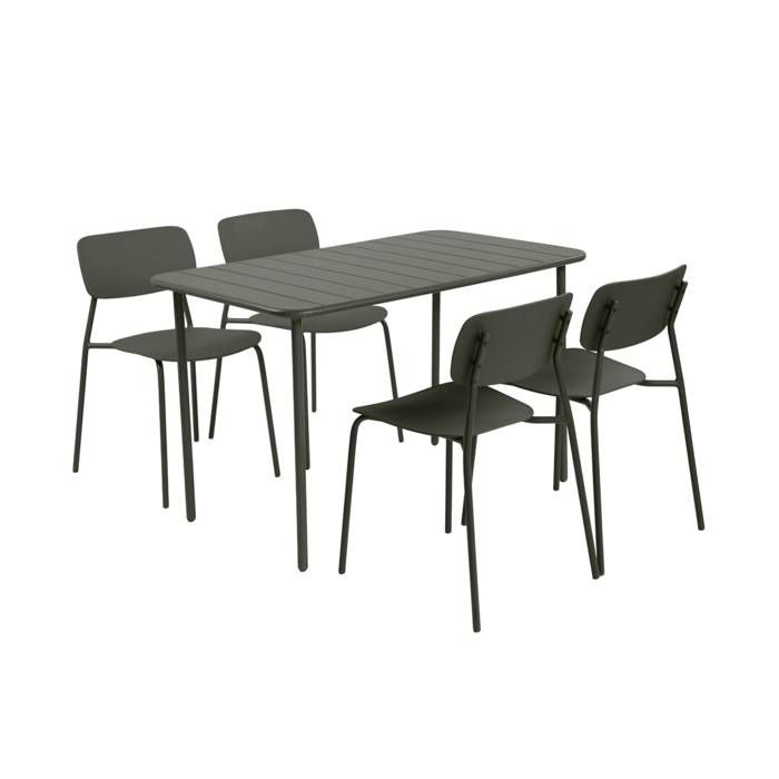 Table de jardin métal + 4 assises kaki. Amélia + Liva L 120 x 70 x 72.5cm