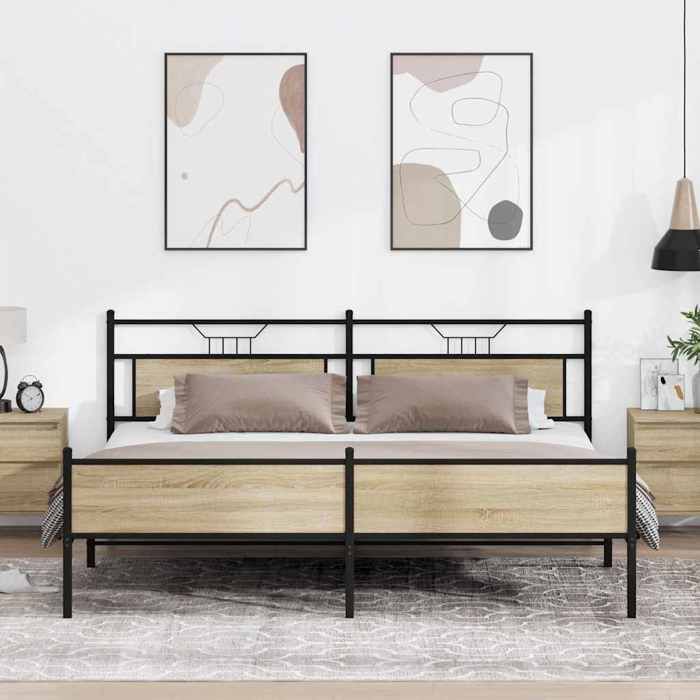 Structure de lit en métal - UU - Chêne sonoma - 200x200 cm - Sommier à lattes - Espace de rangement