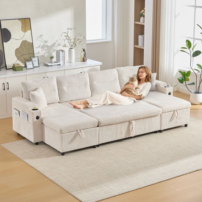 Canapé dangle 4 places en velours 272 x 136 x 86cm Canapé lit Convertible avec ports USB porte-gobelet rangement et 2 coussins Canapé dangle 4 places en velours 272 x 136 x 86cm Canapé lit Convertible avec ports USB porte-gobelet rangement et 2 coussins