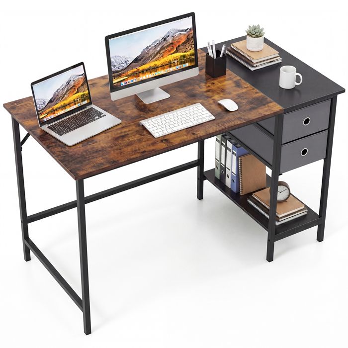 COSTWAY Bureau 120x60x75 cm avec Tiroirs Étagère de Rangement Ouverte Kits Anti-basculement Industriel Marron pour Étude Gaming COSTWAY Bureau 120x60x75 cm avec Tiroirs Étagère de Rangement Ouverte Kits Anti-basculement Industriel Marron pour Étude Gaming