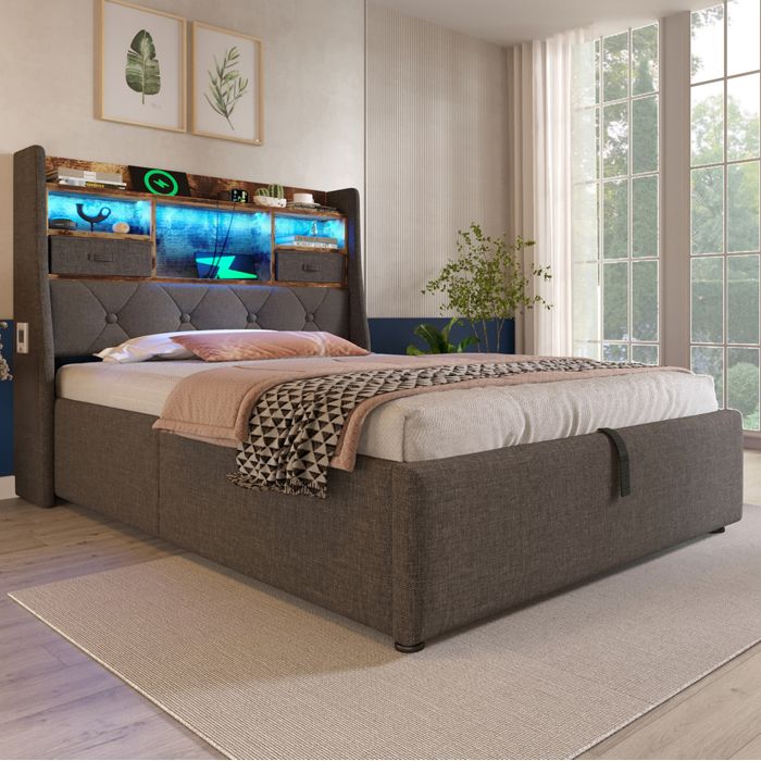 Lit rembourré 90 x 200 cm en lin gris avec LED et rangement