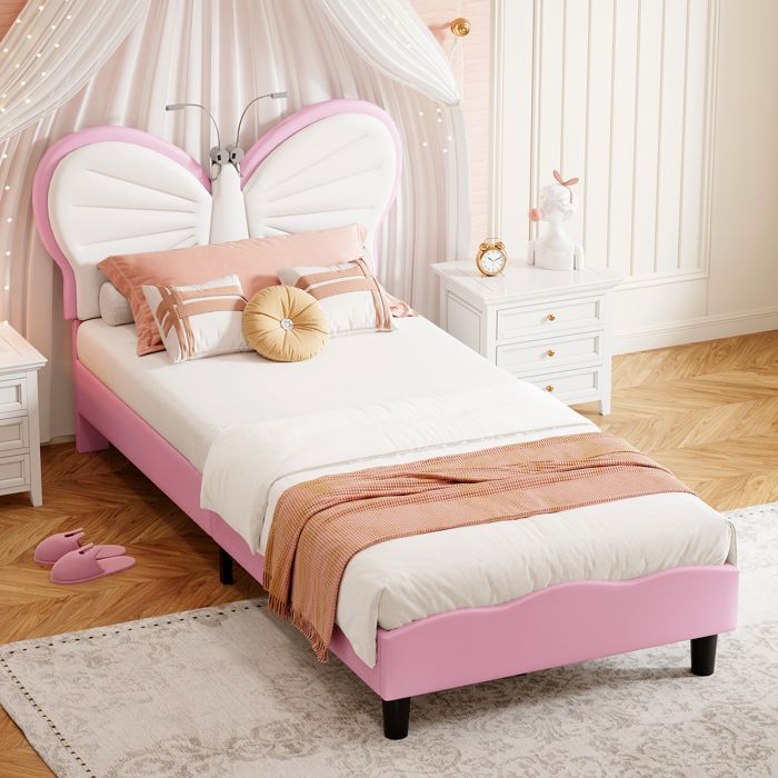 Lit Enfant 90x190 cm Papillon avec LED – Lit Simple Rembourré Velours Blanc Rose avec Tête de Lit Réglable - Sommier à lattes Lit Enfant 90x190 cm Papillon avec LED – Lit Simple Rembourré Velours Blanc Rose avec Tête de Lit Réglable - Sommier à lattes
