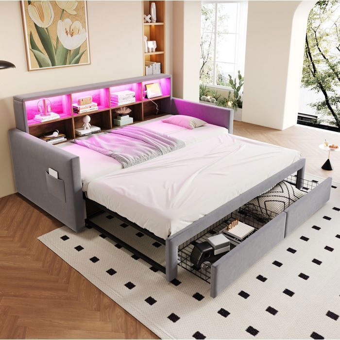 Canapé-lit extensible en velours gris clair avec rangements LED et prises