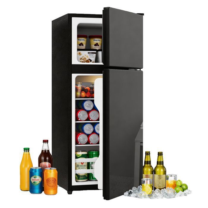 Mini réfrigérateur avec congélateur ROLIPO 92 L porte vitrée LED silencieux frigo bar compact 425 x 425 x 102 cm