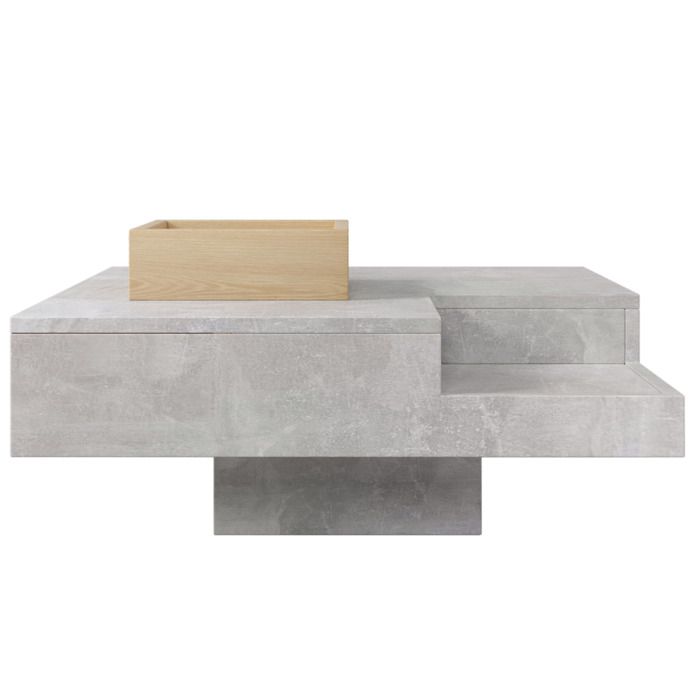 Table basse grise avec boîte de rangement amovible style béton et bois