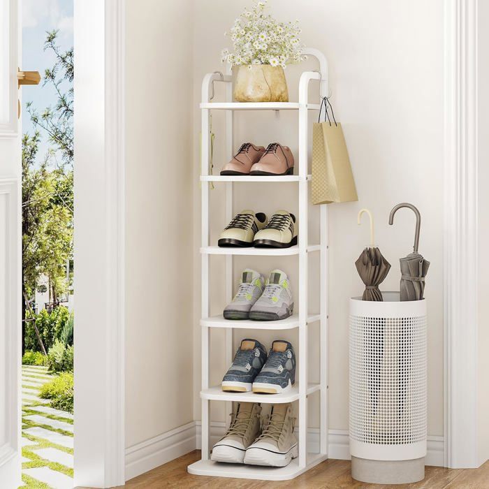 Étagère à Chaussures Verticale à 6 Niveaux Tour à Chaussures pour Petits espaces autoportante réglable Gain de Place Blanc