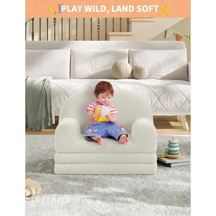 Canapé-Lit Pliant 2 En 1 Pour Enfants En Tissu En Velours Doux Avec Accoudoirs Housse Amovible Et Lavable En Machine-BLANC