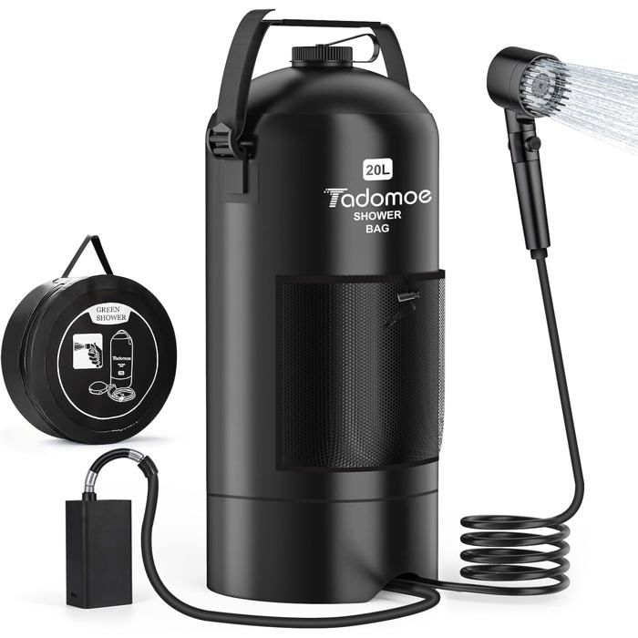 Douche solaire portable - Tadomoe - Capacité 20L - Pompe à air automatique - Lampe de poche LED intégrée