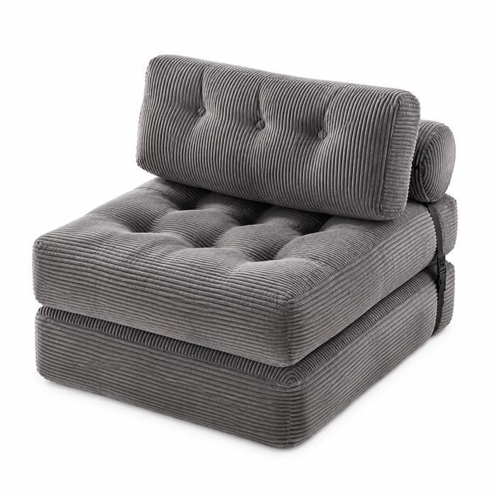 Fauteuil convertible chauffeuse 3-en-1 WEVALLEY Canapé-lit pliable 1 place Mousse mémoire 20cm Velours côtelé gris Compact 85x85
