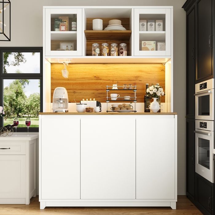 Armoires Cuisine - Buffet - Haut Vaisselier avec Prises Électriques LED-avec Plans de Travail-Étagères Réglables-120x40x180cm-Blanc