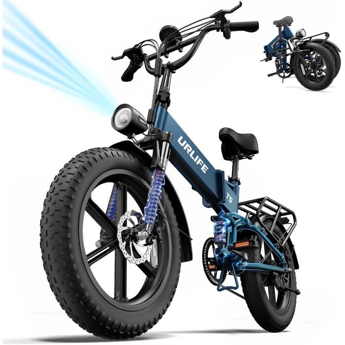 URLIFE T5 Vélo électrique pliable 20 x 4.0 Vélo à pneus larges tout-terrain 48V 13AH Batterie amovible 250W Moteur 7 vitesses Bleu
