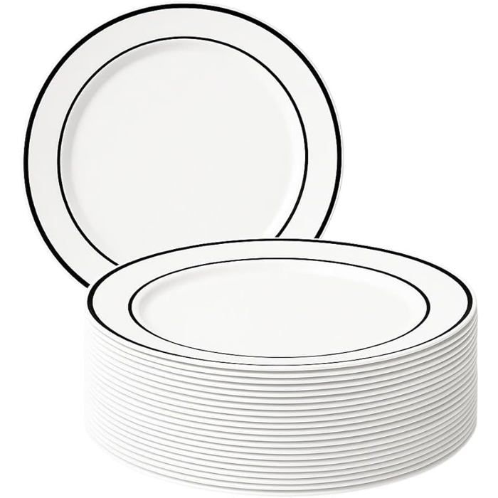 25 Assiettes en Blanc Premium avec Bord Noir (26cm) - Assiettes Blanches Solides 25 Pièces 26 Cm Assiette Noire