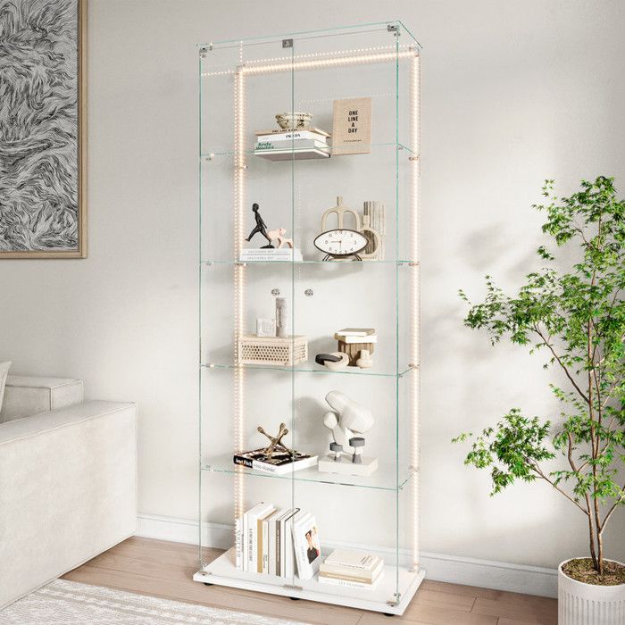 Vitrine en verre trempé 5 niveaux avec Éclairage à bande LED2 portesprotection anti-poussièrepour saloncollectionétudeBlanc