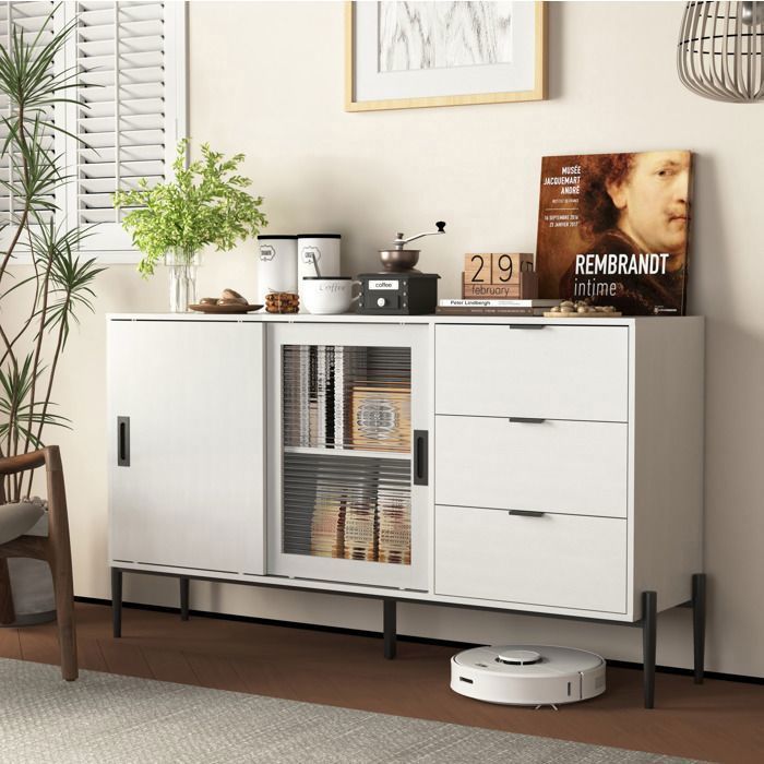 Buffet de cuisine - 1 porte coulissante en verre - 3 tiroirs -155x40x92cm - blanc