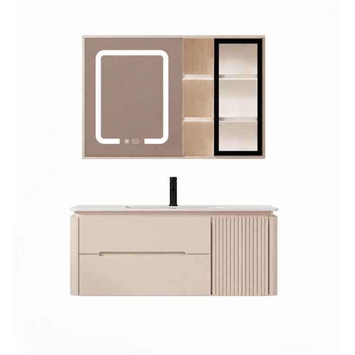Ensemble meuble de salle de bain avec vasque et armoire miroir LED - 100 cm - Kaki - CYLIA