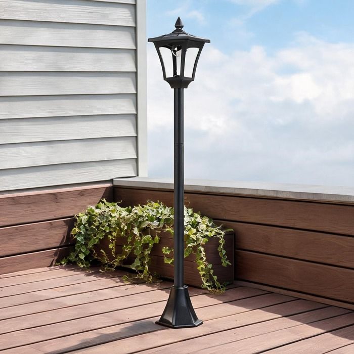 Lampe de jardin solaire LED style lanterne en inox noir mat 160 cm à poser ou planter