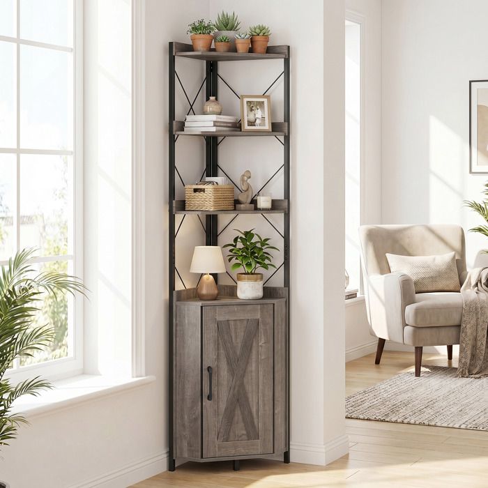 Bibliothèque dAngle 180CM COSTWAY Rangement à 5 Étagères Garde-Corps Anti-Chute Kits Anti-Basculement pour Salon Cuisine Gris