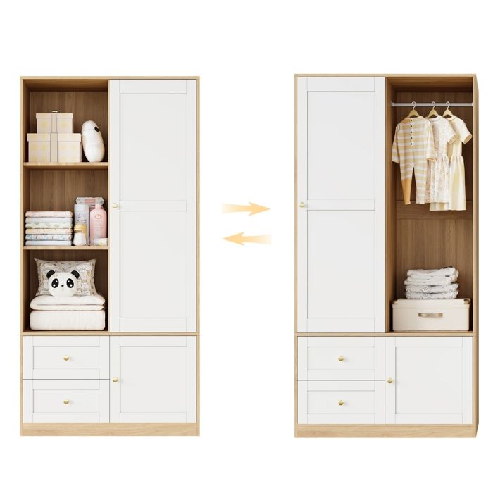 Armoire portes coulissantes - Dimensions 90×50×180 cm - Naturel et Blanc - MDF - Tringle à vêtements 20 kg