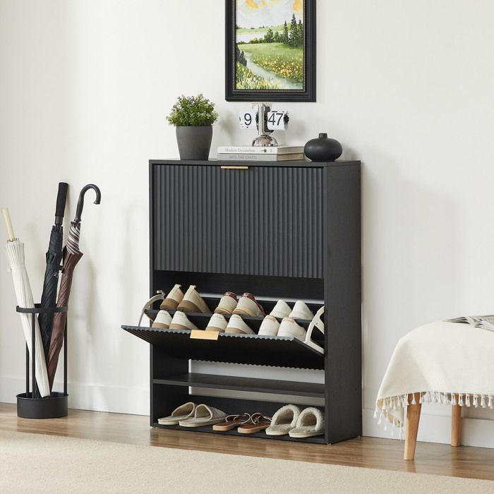 Meuble à chaussures noir 80 x 24 x 102 cm avec étagères réglables et dispositif anti-basculement