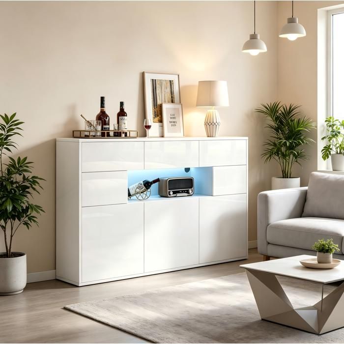 COVREO Buffet de salon 140 x 30 x 82 cm blanc brillant avec 3 tiroirs 5 portes LED et niche ouverte