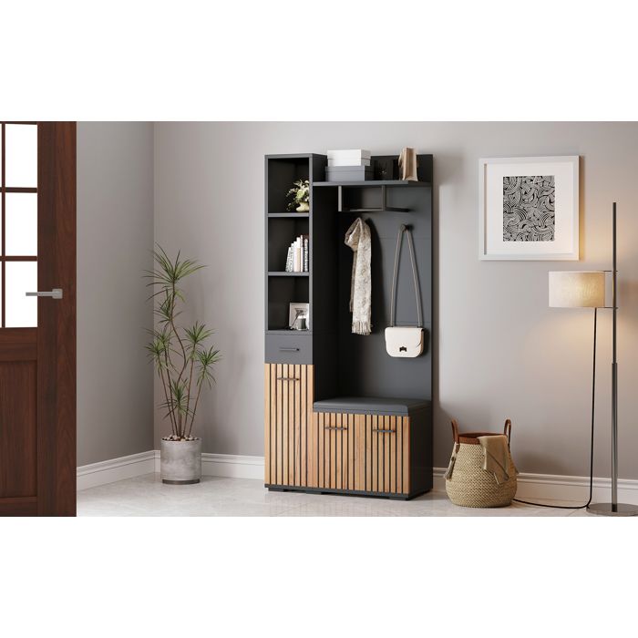 Modenuit vestiaire d’entrée 80 x 35 x 175 cm avec banc à chaussures 2 placards 1 tiroir noir et bois naturel