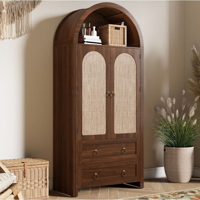Buffet haut 2 portes 2 tiroirs niche ouverte crochets latéraux - ELVMI - Vintage MDF noyer 80×40×180 cm