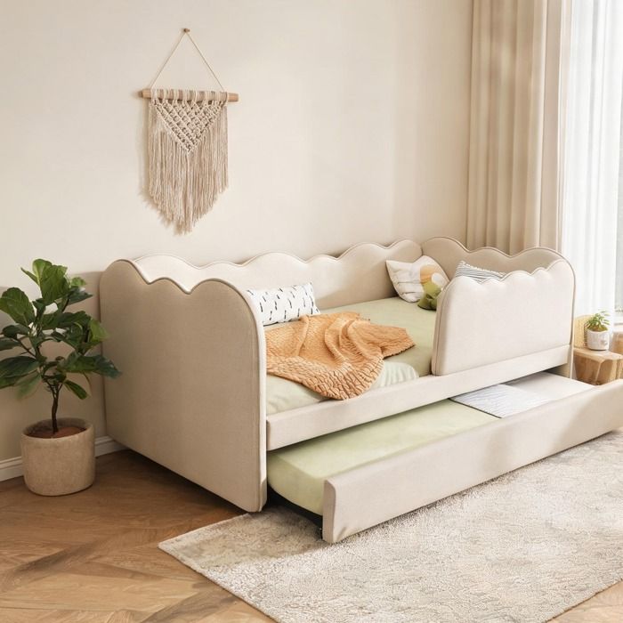 Lit gigogne enfant 90x190 cm en lin warm beige design nuage avec lattes et tête rembourrée
