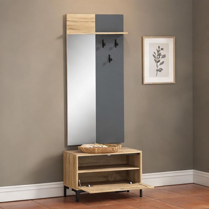 Ensemble vestiaire d’entrée organic natural et gris porte-manteaux 3 crochets banc à chaussures miroir et étagère ouverte MDF