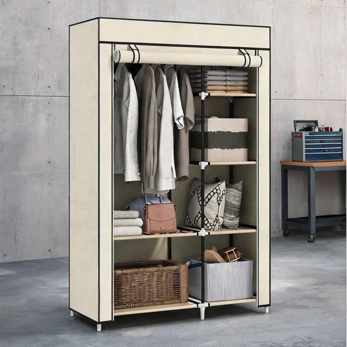 Armoire penderie en tissu crème avec tringle et 6 étagères 103x43x162 5 cm
