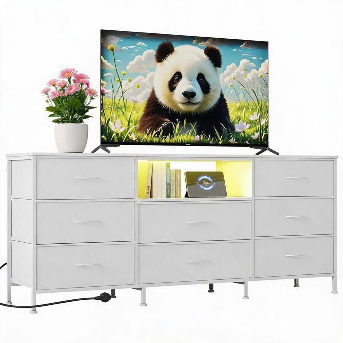 Meuble TV moderne industriel avec 8 tiroirs- Cadre acier et panneaux de particules - Éclairage LED intégré - 160x35x68 cm -blanc