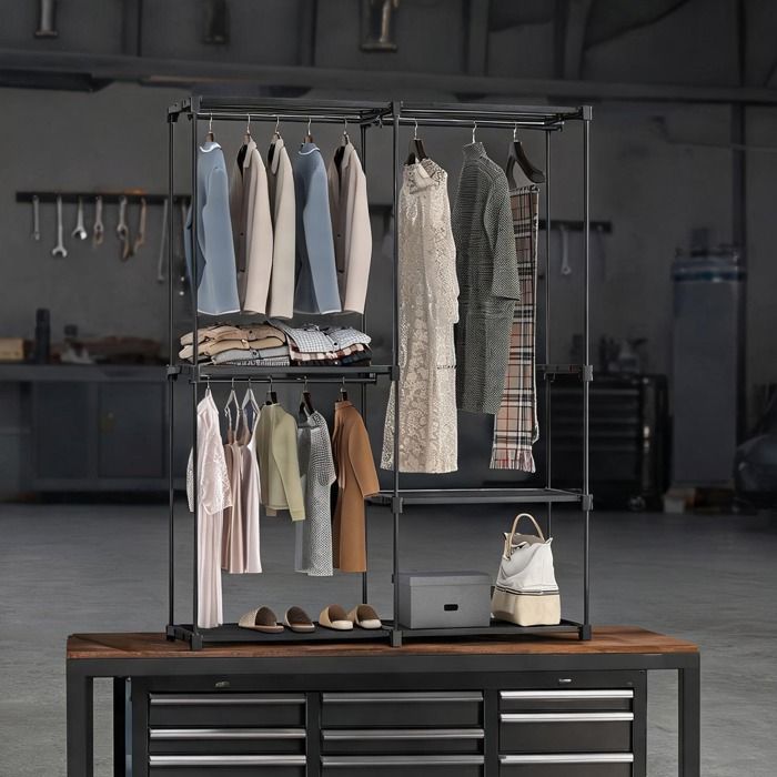 Armoire penderie portable métal noir 142x43x185 cm avec 4 étagères et 3 barres